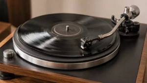 Disque vinyle légèrement voilé sur une platine, illustrant un défaut de pressage
