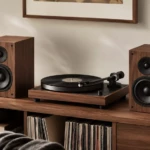 Paire d’enceintes actives reliée à une platine vinyle