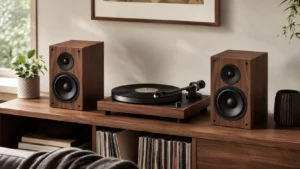 Paire d’enceintes actives reliée à une platine vinyle