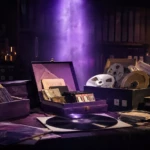 Archives musicales, bandes analogiques et vinyle sous une lumière violette