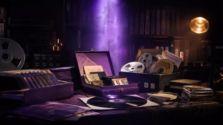 Archives musicales, bandes analogiques et vinyle sous une lumière violette
